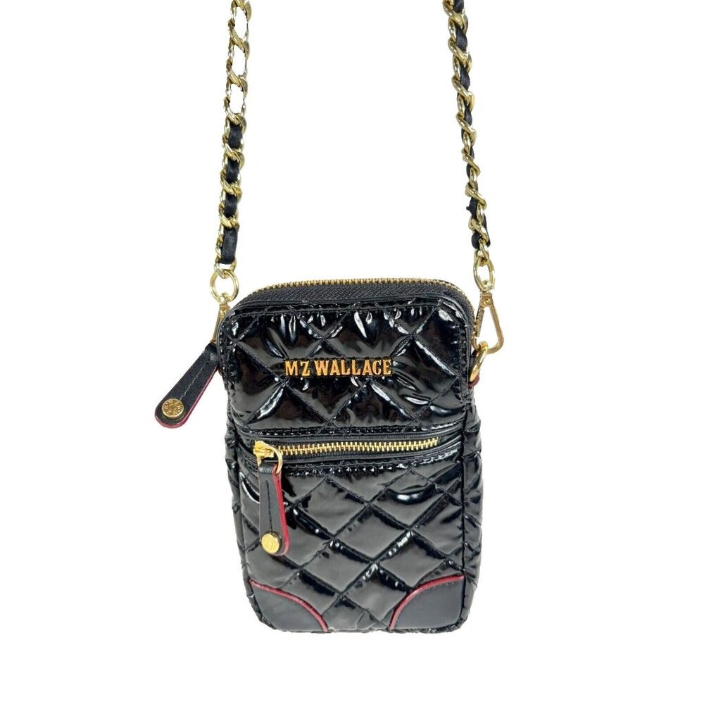 MZ Wallace Black Quilted Patent Crossbody with Gold Hardware and Red Trim